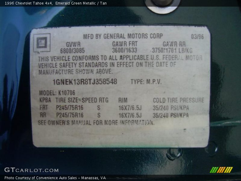 Info Tag of 1996 Tahoe 4x4