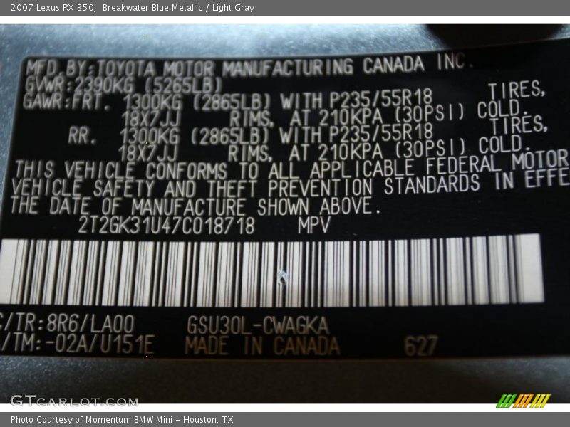 Breakwater Blue Metallic / Light Gray 2007 Lexus RX 350