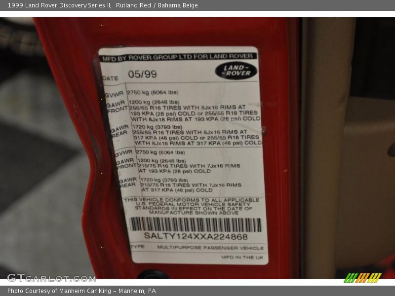 Info Tag of 1999 Discovery Series II