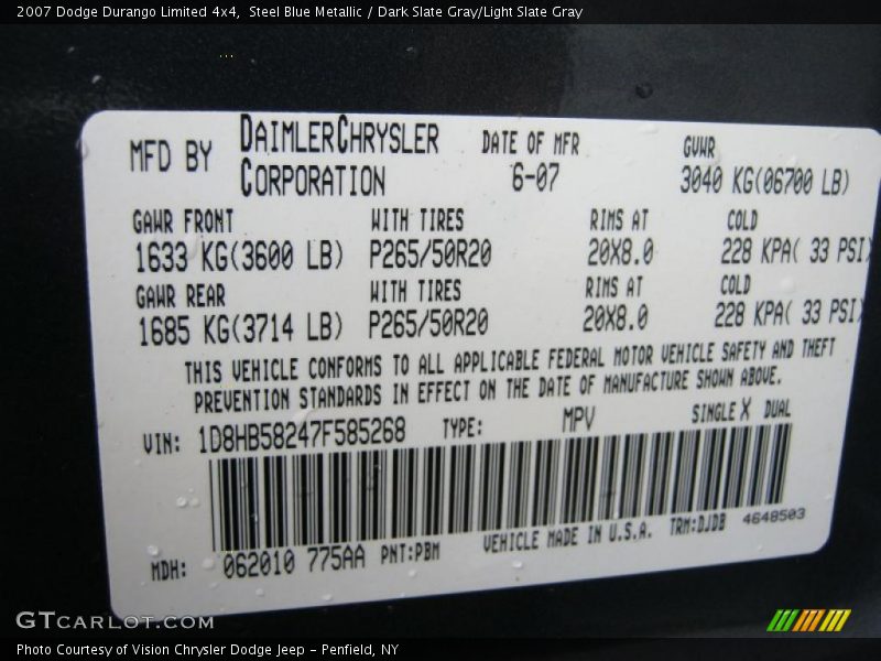 Steel Blue Metallic / Dark Slate Gray/Light Slate Gray 2007 Dodge Durango Limited 4x4
