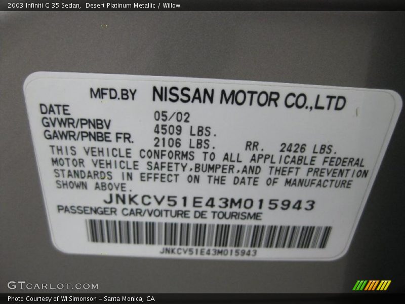 Desert Platinum Metallic / Willow 2003 Infiniti G 35 Sedan