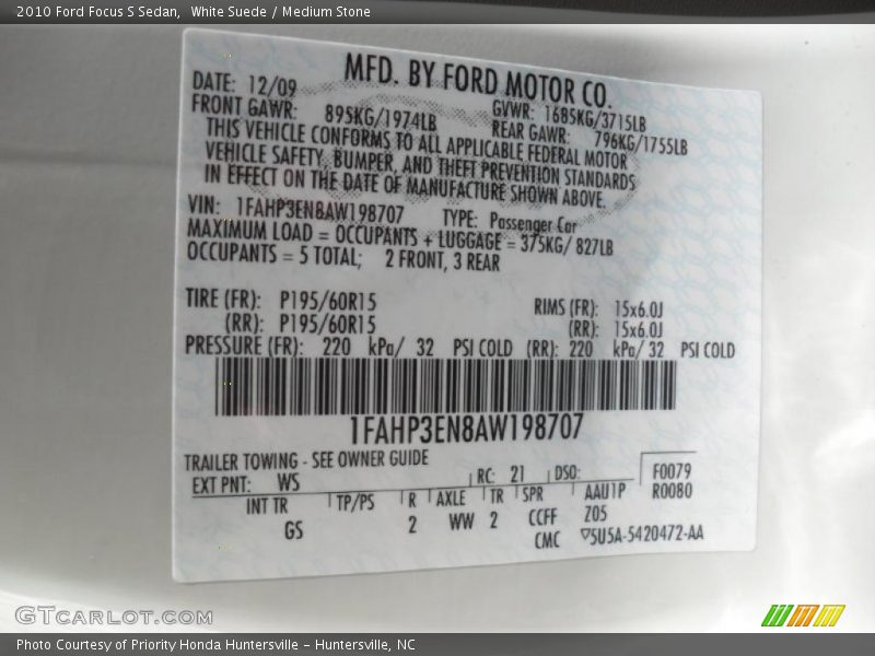 White Suede / Medium Stone 2010 Ford Focus S Sedan