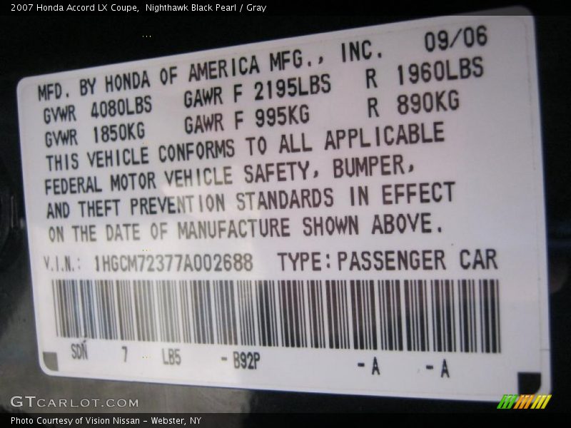 Nighthawk Black Pearl / Gray 2007 Honda Accord LX Coupe