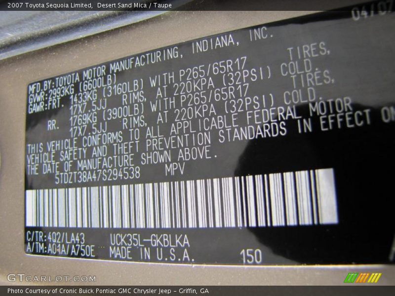 2007 Sequoia Limited Desert Sand Mica Color Code 4Q2