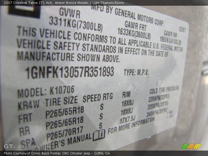 Amber Bronze Metallic / Light Titanium/Ebony 2007 Chevrolet Tahoe Z71 4x4