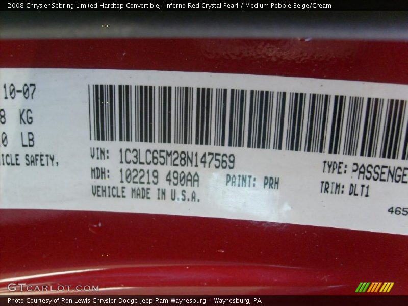 2008 Sebring Limited Hardtop Convertible Inferno Red Crystal Pearl Color Code PRH