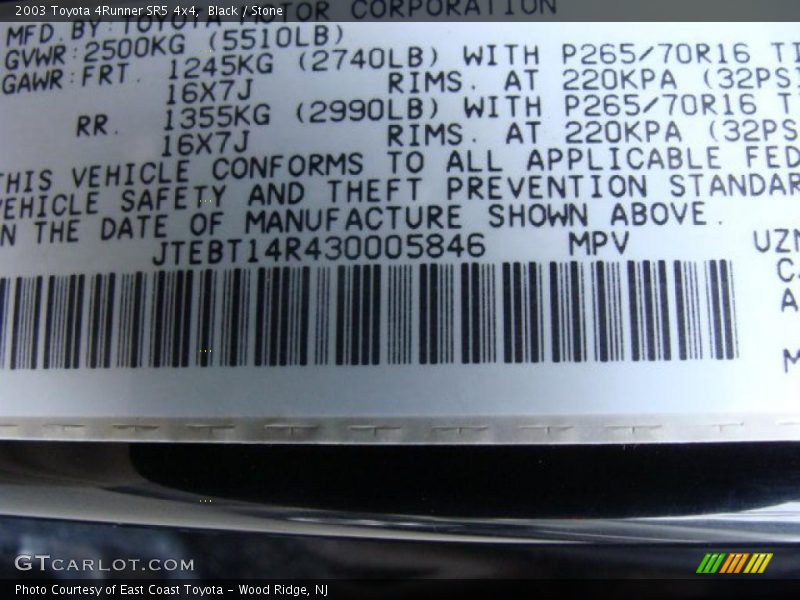 Info Tag of 2003 4Runner SR5 4x4