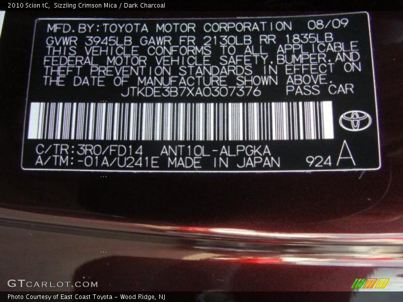 Sizzling Crimson Mica / Dark Charcoal 2010 Scion tC