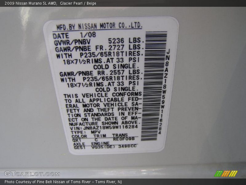 Glacier Pearl / Beige 2009 Nissan Murano SL AWD