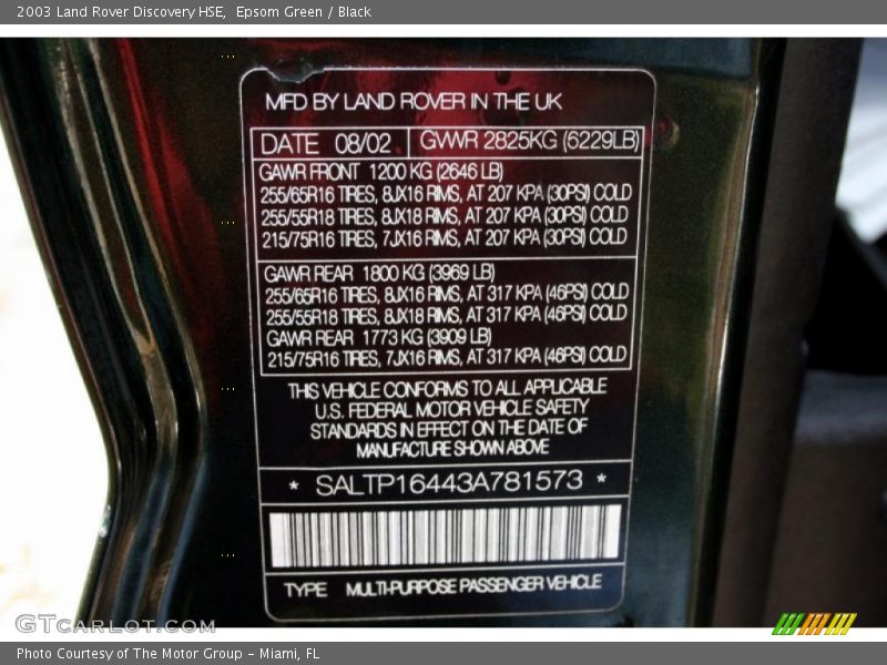 Info Tag of 2003 Discovery HSE
