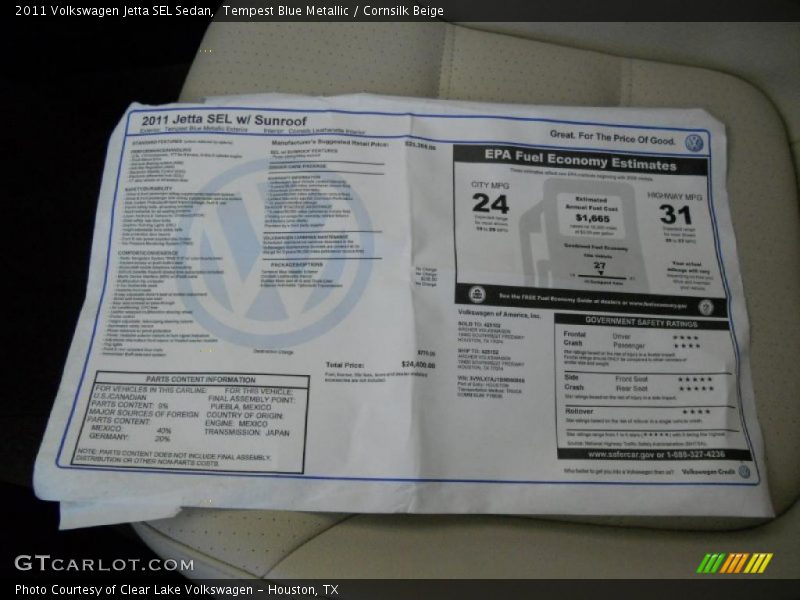 Tempest Blue Metallic / Cornsilk Beige 2011 Volkswagen Jetta SEL Sedan