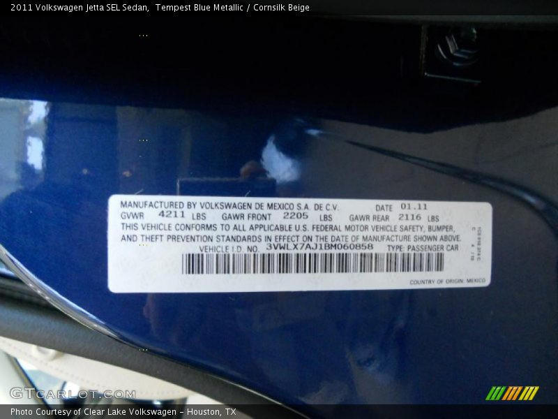 Tempest Blue Metallic / Cornsilk Beige 2011 Volkswagen Jetta SEL Sedan