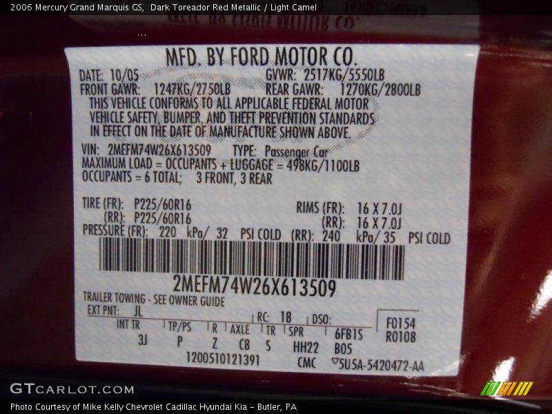 2006 Grand Marquis GS Dark Toreador Red Metallic Color Code JL
