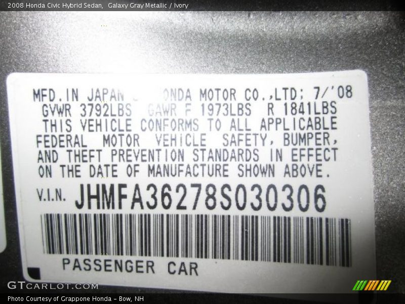 Galaxy Gray Metallic / Ivory 2008 Honda Civic Hybrid Sedan