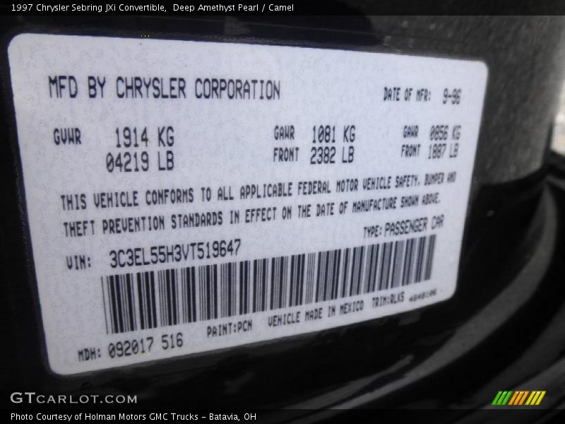1997 Sebring JXi Convertible Deep Amethyst Pearl Color Code PCN