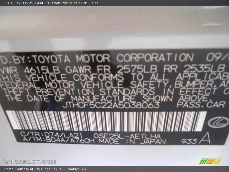 2010 IS 250 AWD Glacier Frost Mica Color Code 074