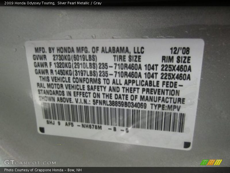 2009 Odyssey Touring Silver Pearl Metallic Color Code NH678M