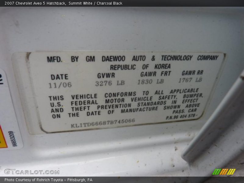Summit White / Charcoal Black 2007 Chevrolet Aveo 5 Hatchback