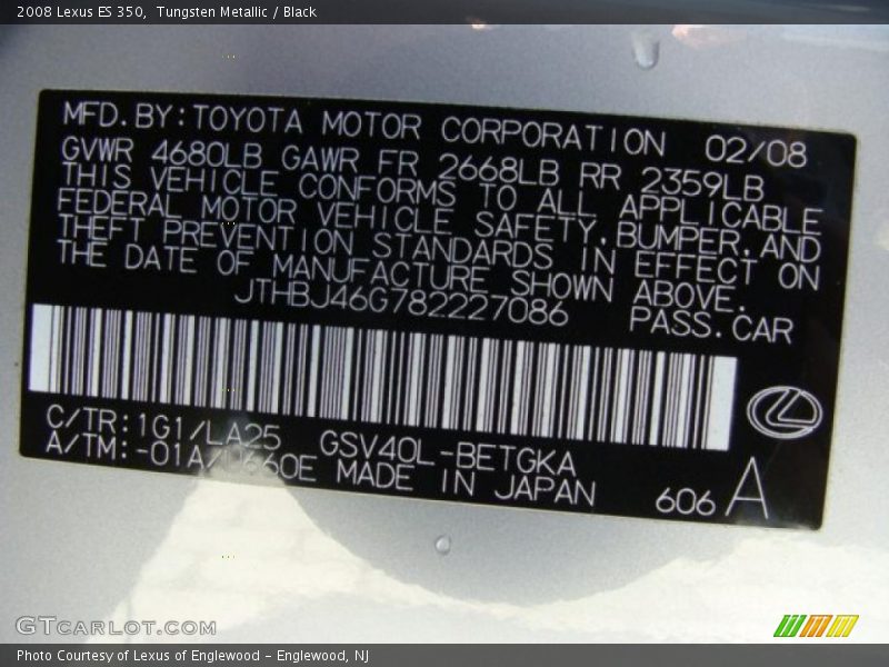 Tungsten Metallic / Black 2008 Lexus ES 350