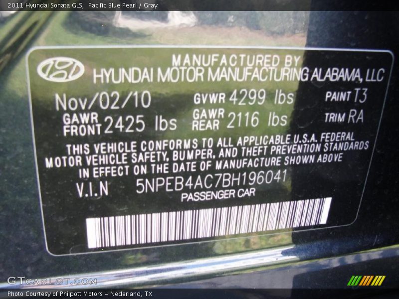 Pacific Blue Pearl / Gray 2011 Hyundai Sonata GLS
