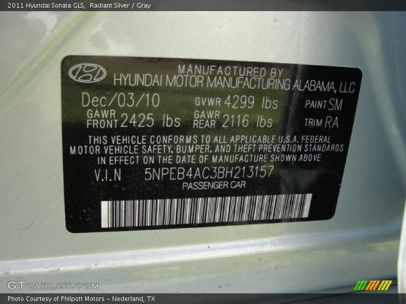 Radiant Silver / Gray 2011 Hyundai Sonata GLS