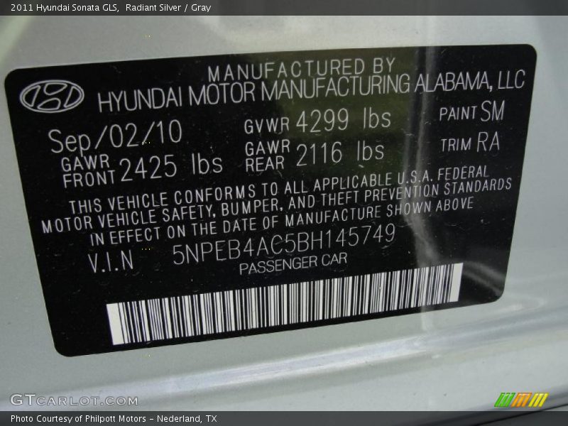 Radiant Silver / Gray 2011 Hyundai Sonata GLS