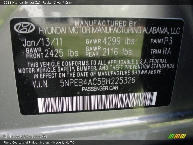 Radiant Silver / Gray 2011 Hyundai Sonata GLS