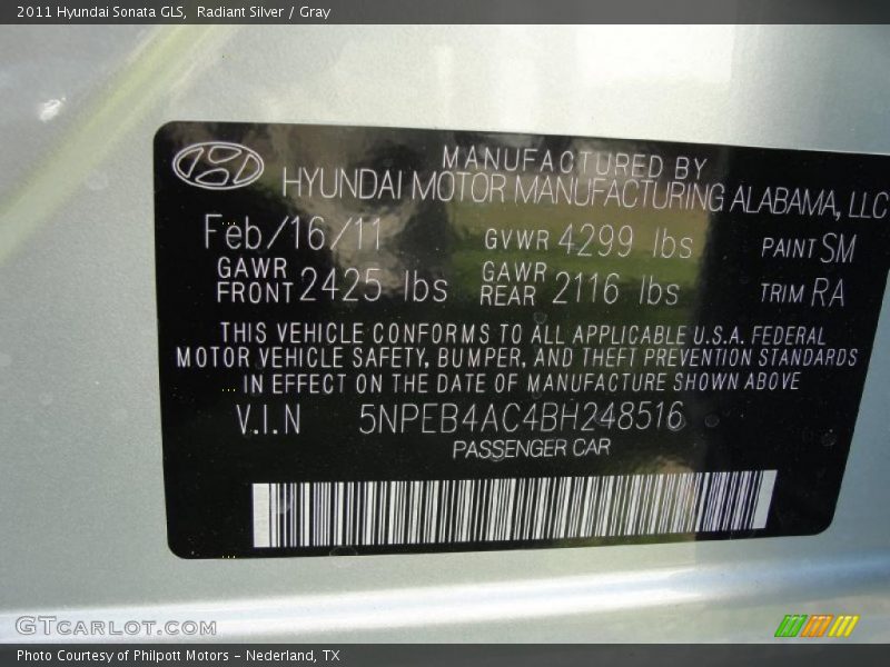 Radiant Silver / Gray 2011 Hyundai Sonata GLS