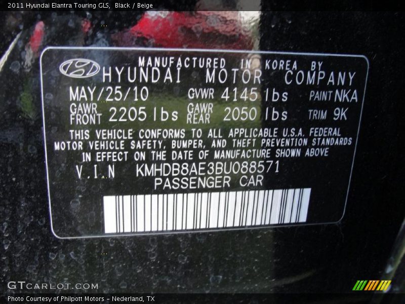 2011 Elantra Touring GLS Black Color Code NKA