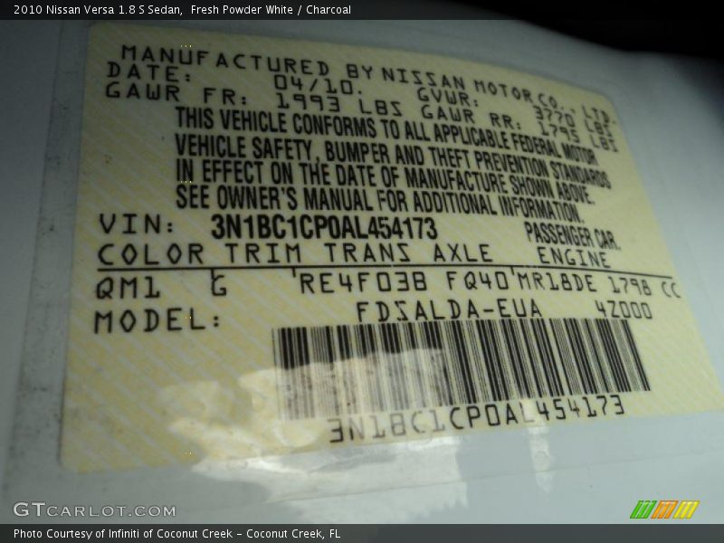 Fresh Powder White / Charcoal 2010 Nissan Versa 1.8 S Sedan