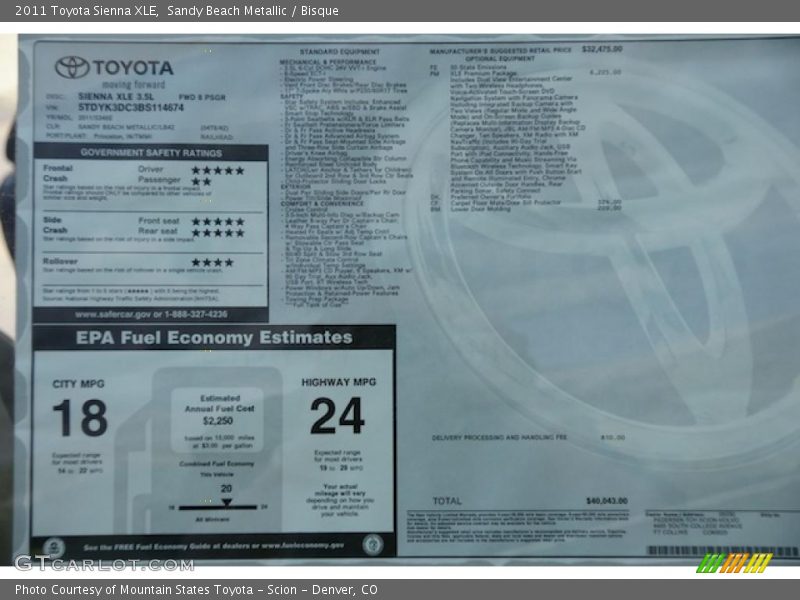 2011 Sienna XLE Window Sticker