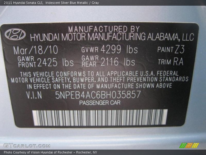 Iridescent Silver Blue Metallic / Gray 2011 Hyundai Sonata GLS