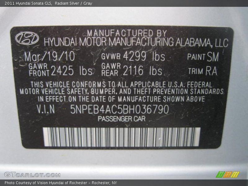 Radiant Silver / Gray 2011 Hyundai Sonata GLS