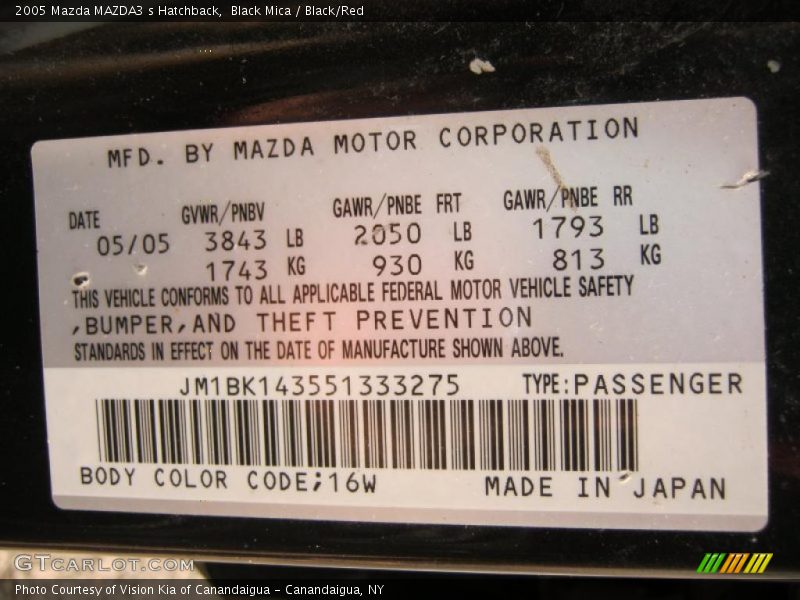 2005 MAZDA3 s Hatchback Black Mica Color Code 16W
