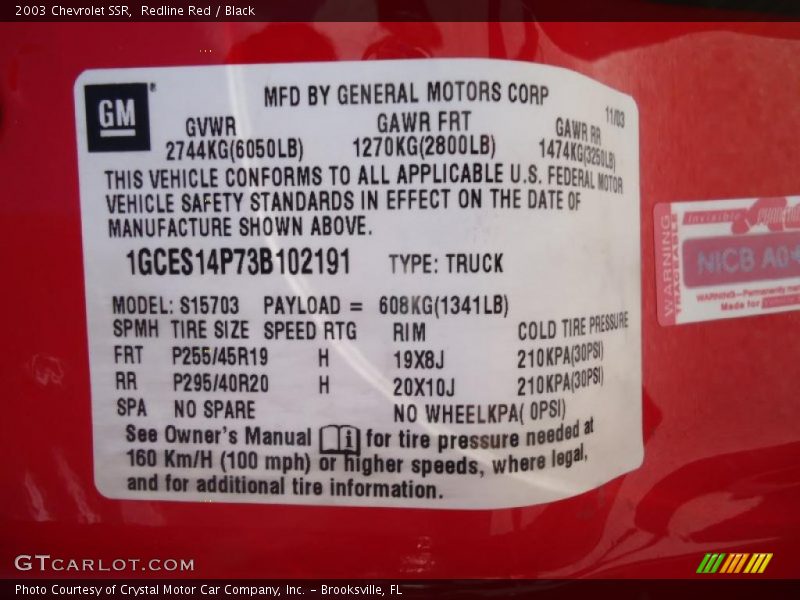 Info Tag of 2003 SSR 