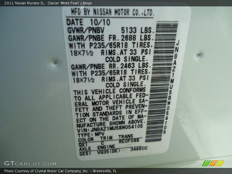 Glacier White Pearl / Beige 2011 Nissan Murano SL