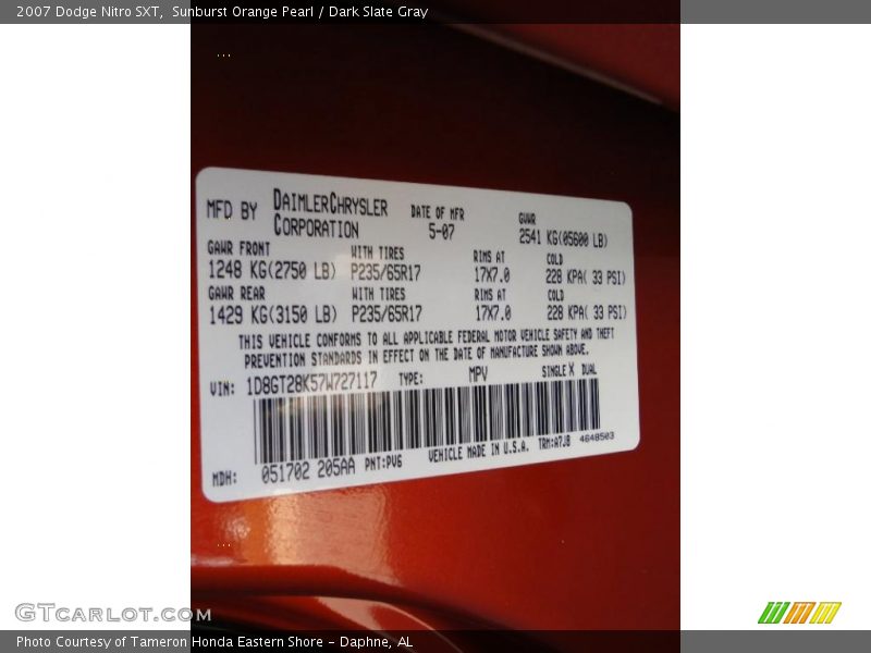 Sunburst Orange Pearl / Dark Slate Gray 2007 Dodge Nitro SXT