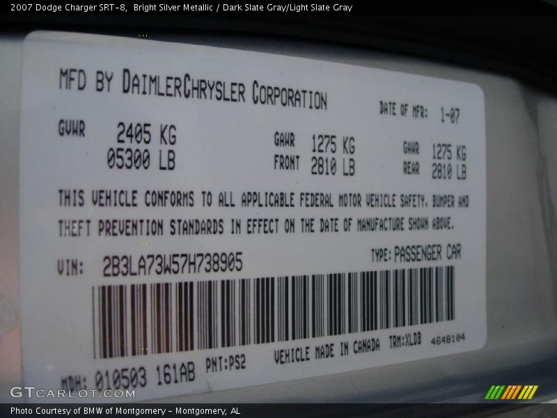2007 Charger SRT-8 Bright Silver Metallic Color Code PS2