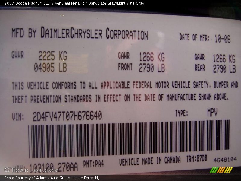 2007 Magnum SE Silver Steel Metallic Color Code PA4