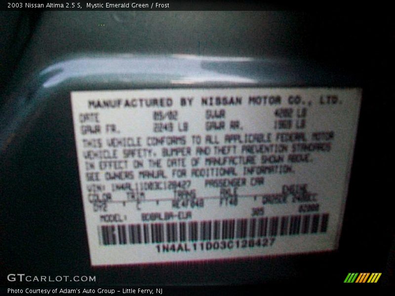 Mystic Emerald Green / Frost 2003 Nissan Altima 2.5 S