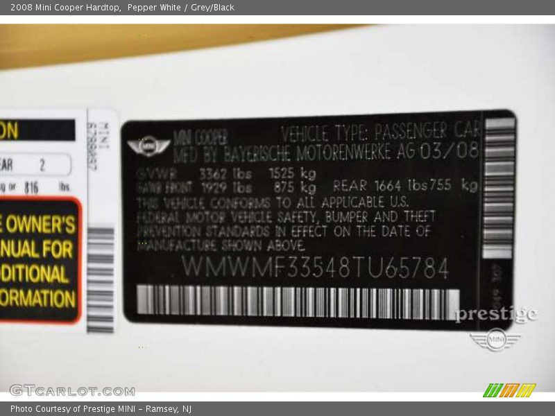 Pepper White / Grey/Black 2008 Mini Cooper Hardtop
