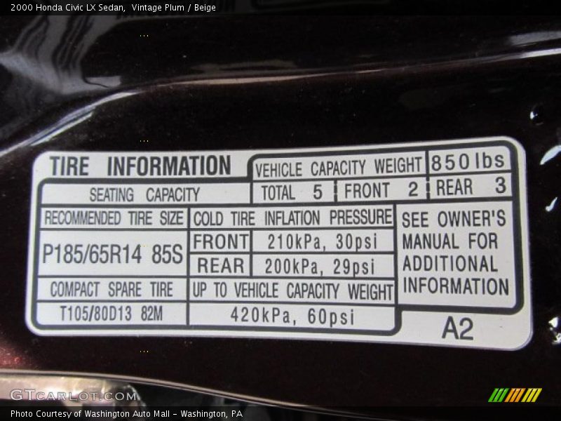Info Tag of 2000 Civic LX Sedan