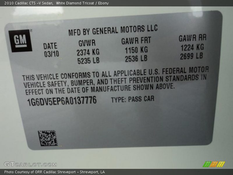 White Diamond Tricoat / Ebony 2010 Cadillac CTS -V Sedan