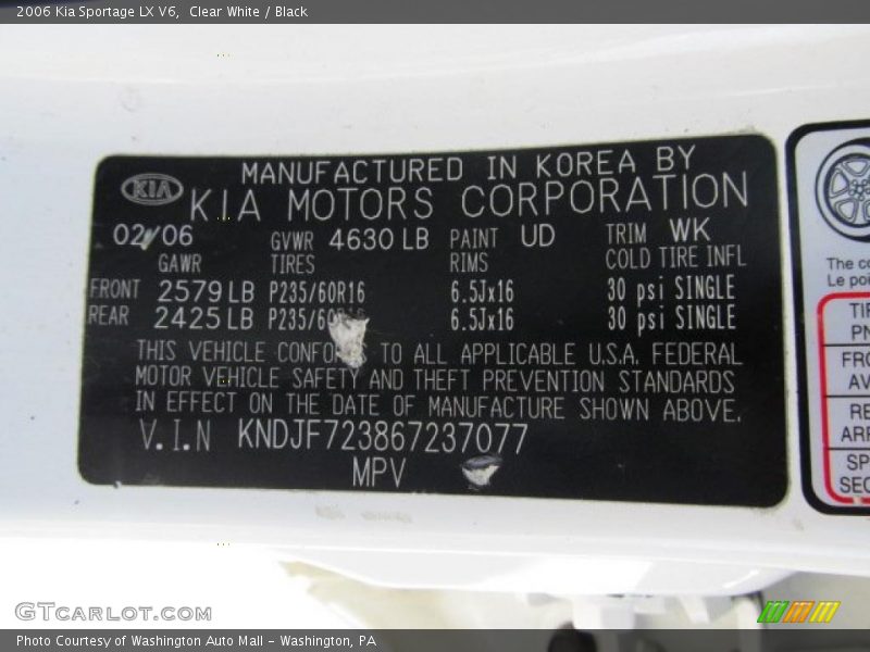 2006 Sportage LX V6 Clear White Color Code UD