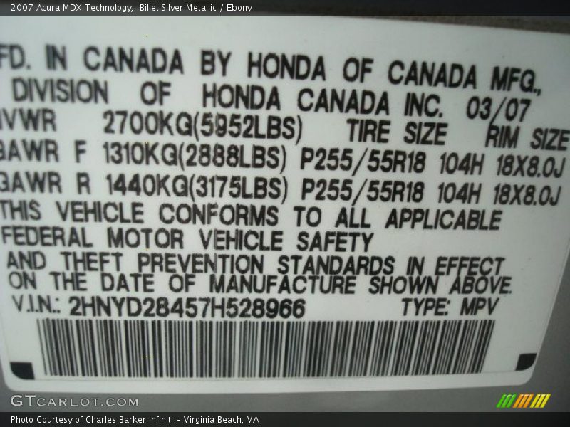 Billet Silver Metallic / Ebony 2007 Acura MDX Technology