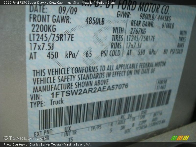 2010 F250 Super Duty XL Crew Cab Ingot Silver Metallic Color Code UX
