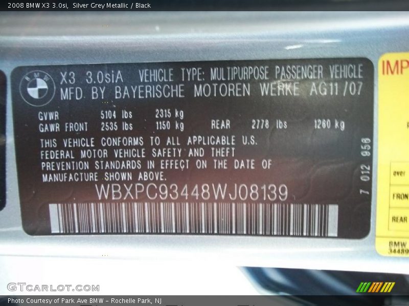 Silver Grey Metallic / Black 2008 BMW X3 3.0si