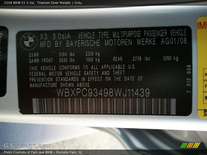 Titanium Silver Metallic / Grey 2008 BMW X3 3.0si