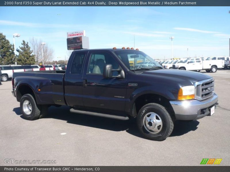 Deep Wedgewood Blue Metallic / Medium Parchment 2000 Ford F350 Super Duty Lariat Extended Cab 4x4 Dually