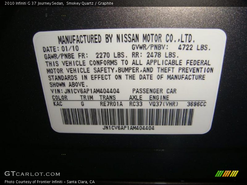 2010 G 37 Journey Sedan Smokey Quartz Color Code KAC